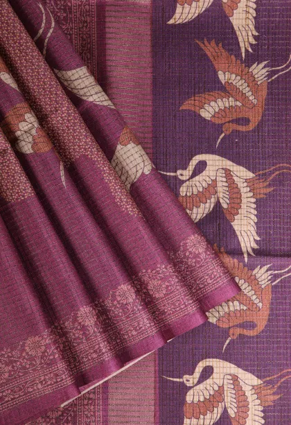 Magenta Purple Tussar Saree Without Zari With Birds Mottif