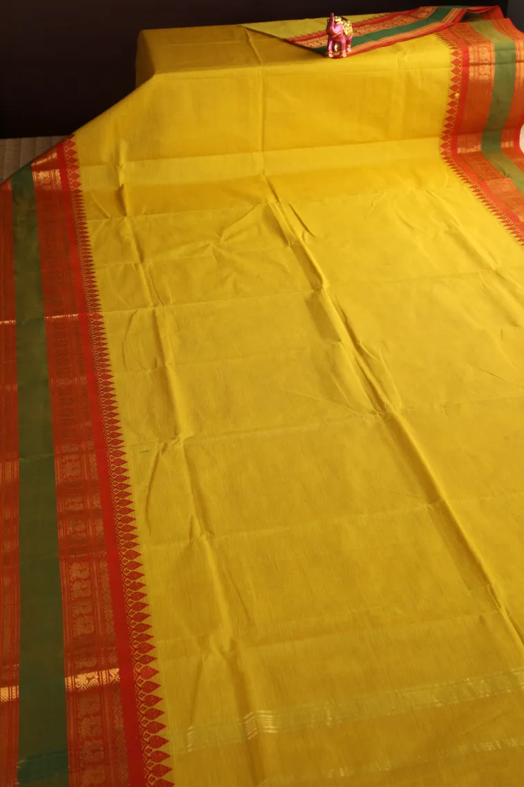 Lemon Yellow Chettinad Cotton Sarees with Gold Zari Plain view 2
