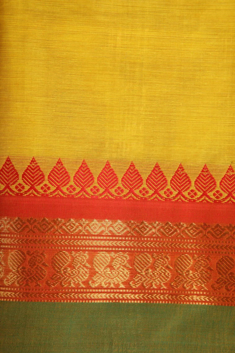 Lemon Yellow Chettinad Cotton Sarees with Gold Zari Plain view 3
