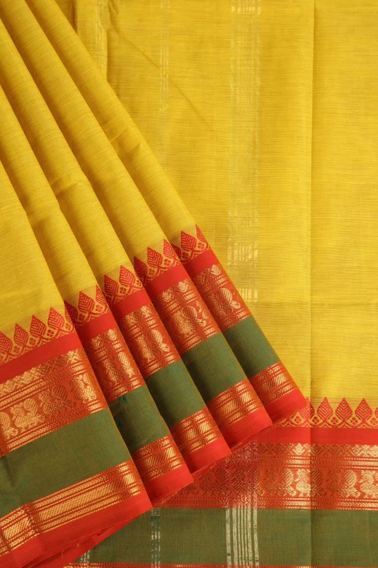 Lemon Yellow Chettinad Cotton Sarees with Gold Zari Plain