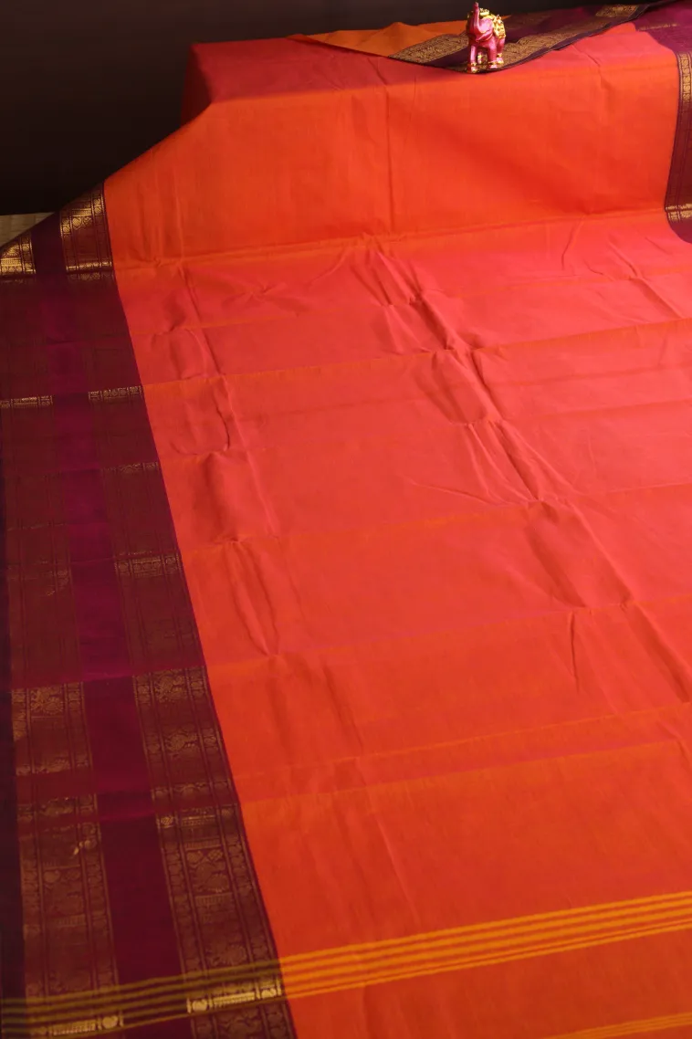 Fire Orange Chettinad Cotton Sarees with Gold Zari Plain view 2