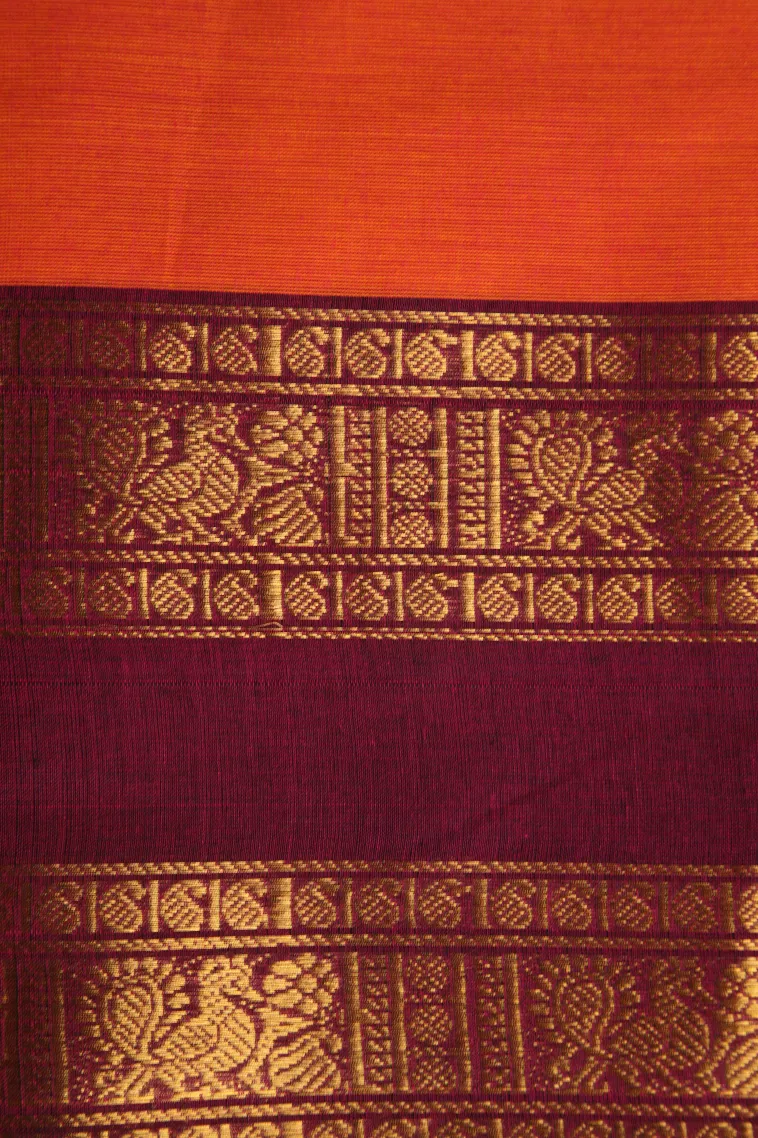 Fire Orange Chettinad Cotton Sarees with Gold Zari Plain view 3