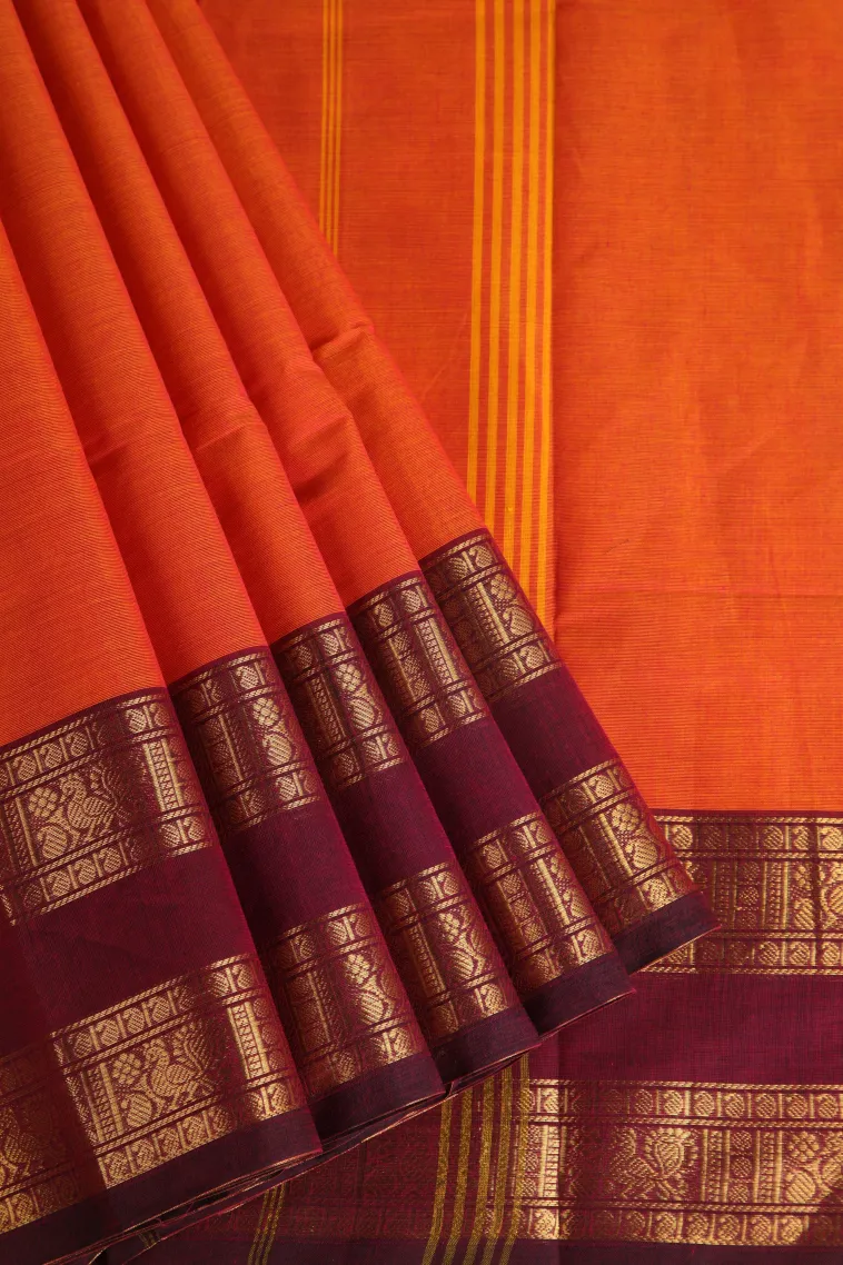 Fire Orange Chettinad Cotton Sarees with Gold Zari Plain