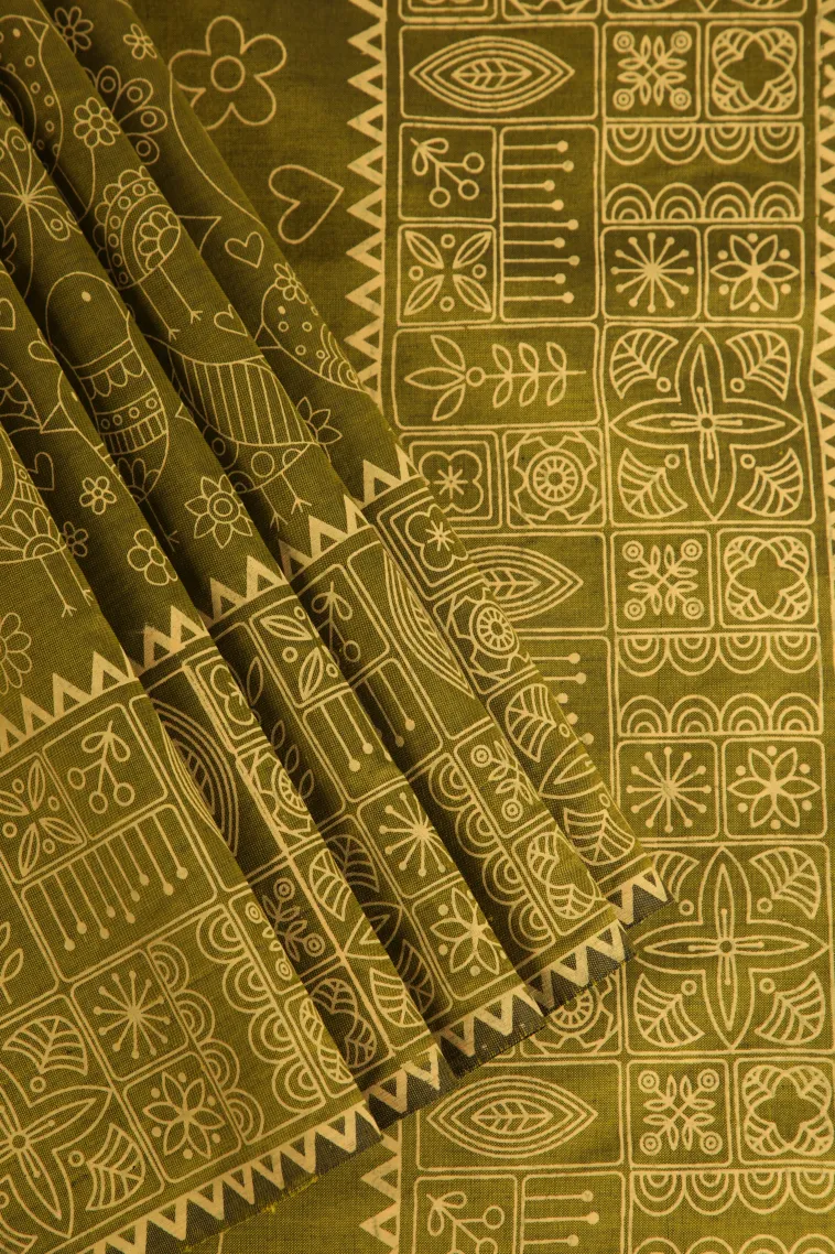 Metallic Gold Poly Cotton Sarees Without Zari With Floral Patterns