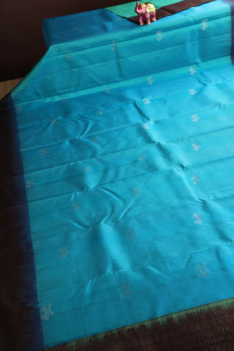 Sky Blue Soft Silk Saree with Silver Zari Checks And Animal view 2