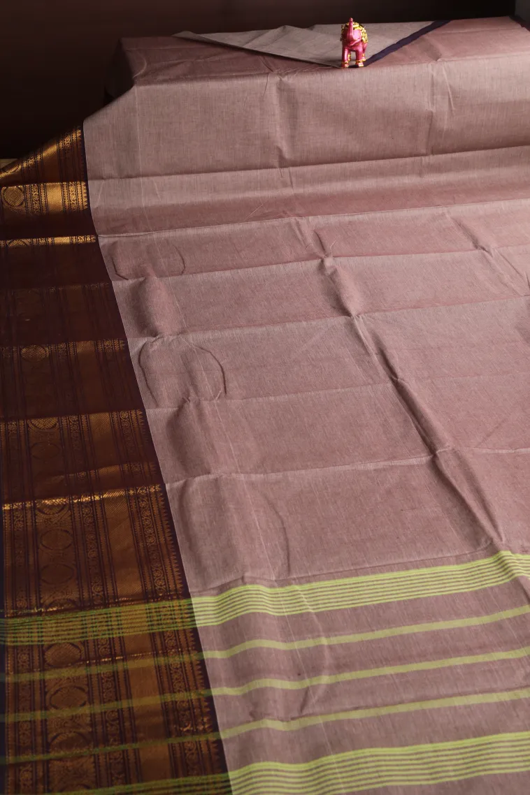 Tortilla Brown Chettinad Cotton Sarees with Gold Zari Plain view 2
