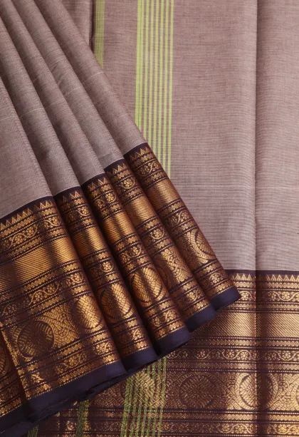 Tortilla Brown Chettinad Cotton Sarees with Gold Zari Plain