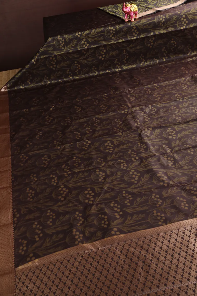 Chocolate Brown Soft Silk Sarees with Bronze Zari Floral Patterns view 2