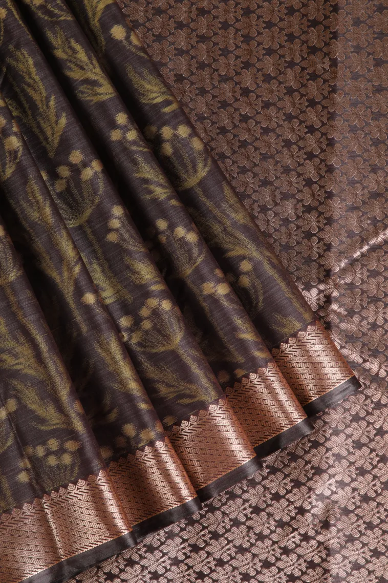 Chocolate Brown Soft Silk Sarees with Bronze Zari Floral Patterns
