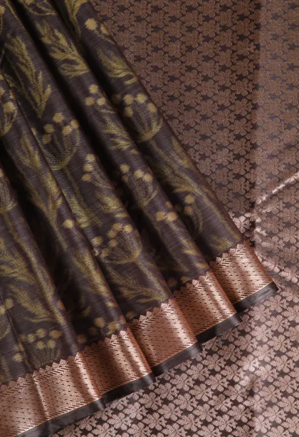 Chocolate Brown Soft Silk Sarees with Bronze Zari Floral Patterns