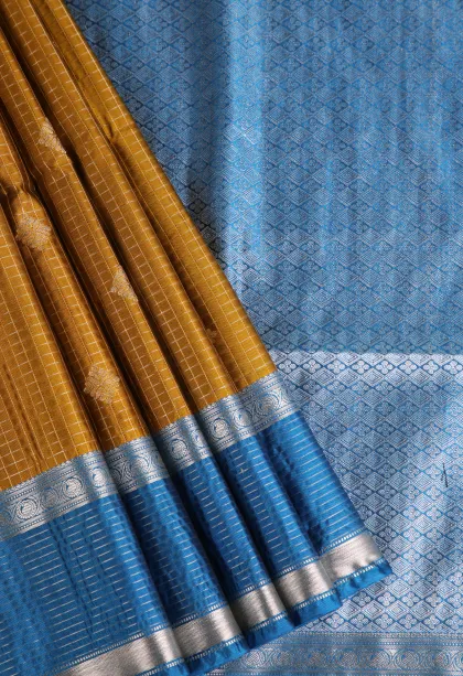 Gold Apoorva Silk Sarees with Silver Zari Checks And Puttas