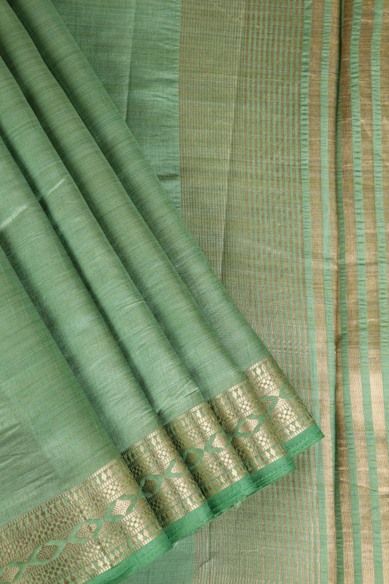 Sage Green Raw Silk Sarees Gold Zari with Plain view 1