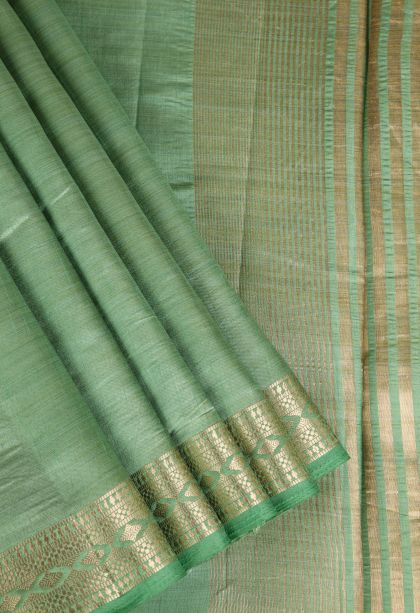 Sage Green Raw Silk Sarees Gold Zari with Plain
