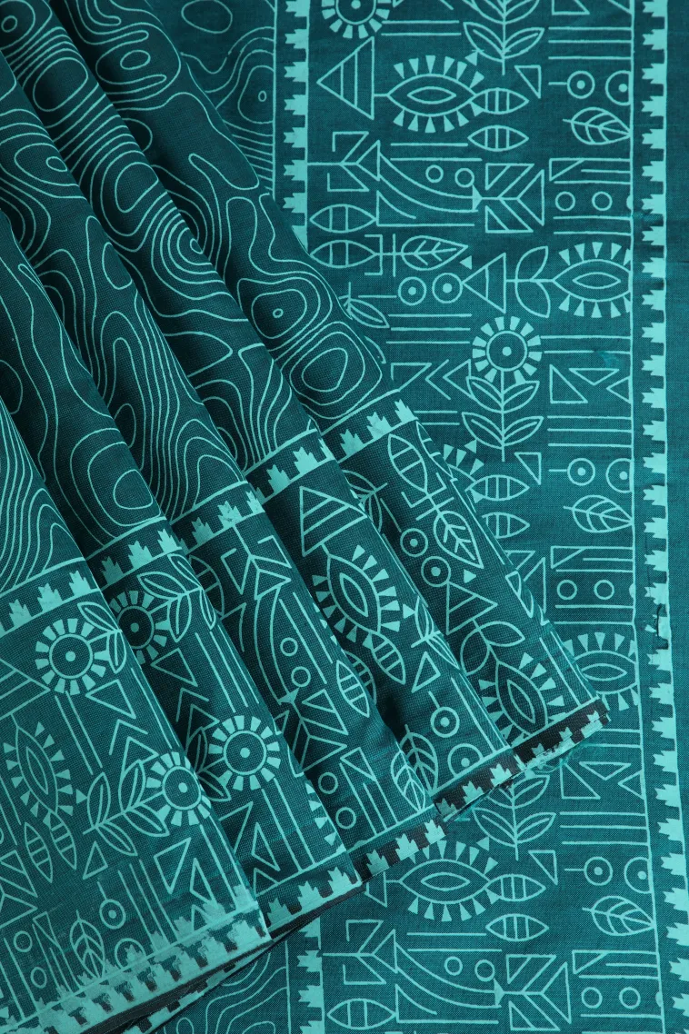 Ocean Blue Poly Cotton Sarees Without Zari With Floral Patterns