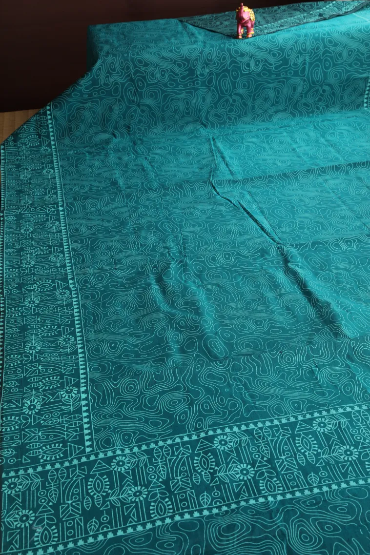 Ocean Blue Poly Cotton Sarees Without Zari With Floral Patterns view 2