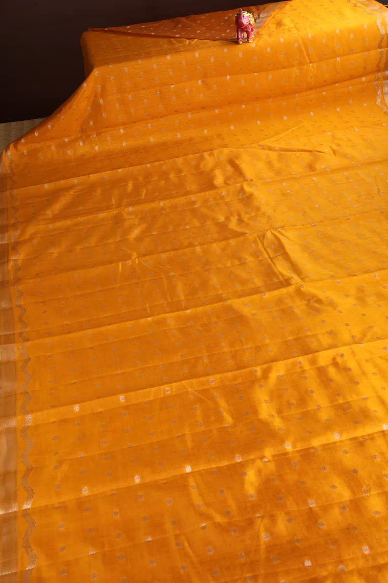Lemon Yellow Raw Silk Sarees with Antic Zari Puttas view 2