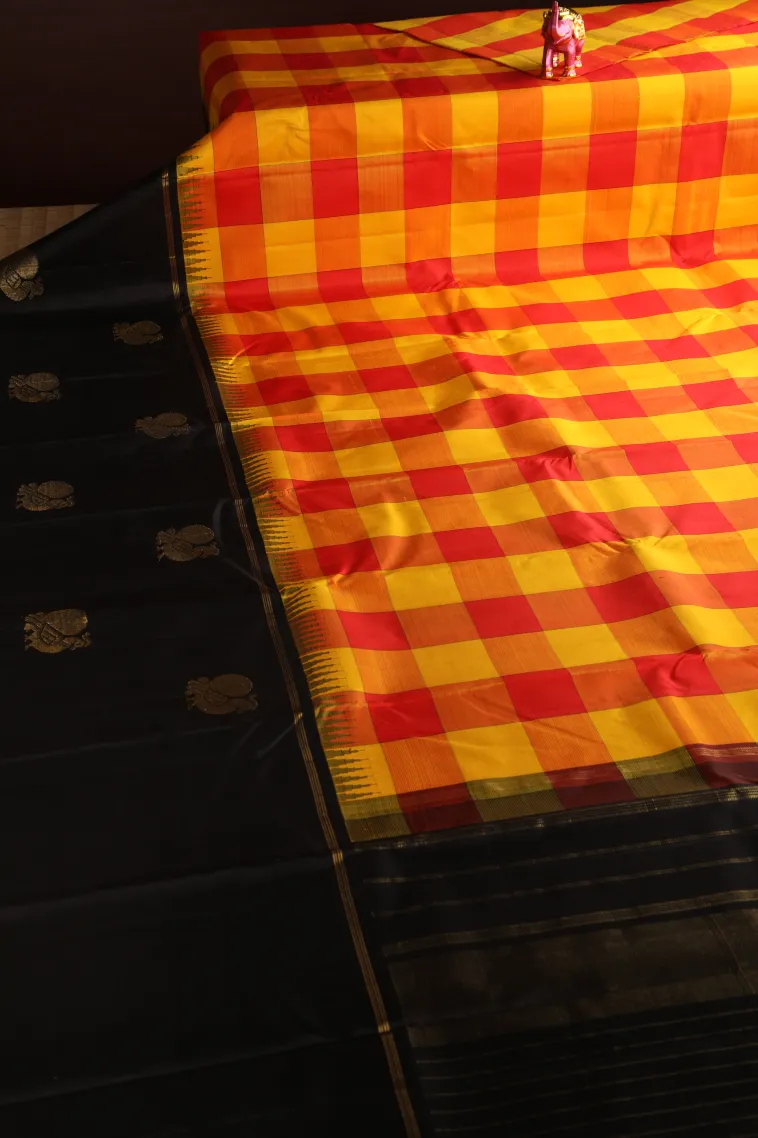 Lemon Yellow Kanchipuram Silk Sarees with Gold Zari Checks view 2