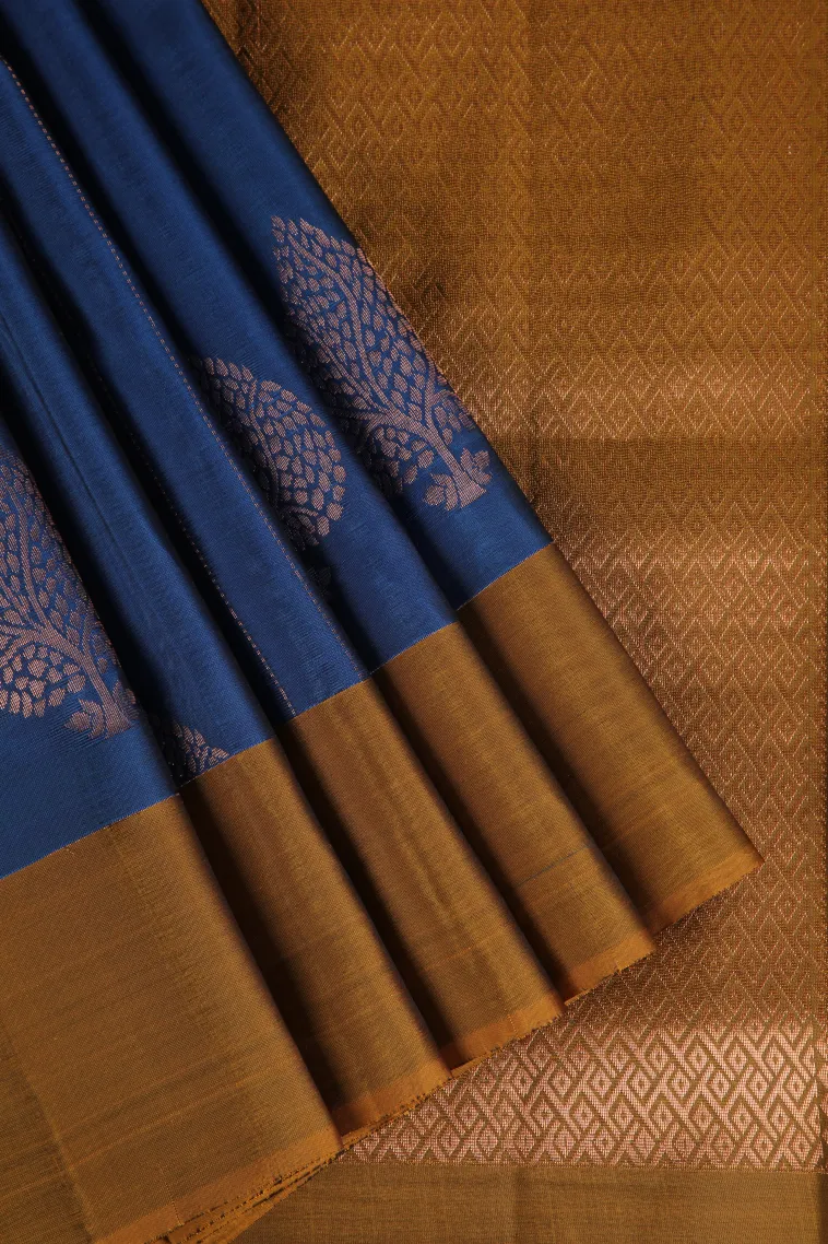 Admiral Blue Soft Silk Saree with Copper Zari Straipes And Puttas