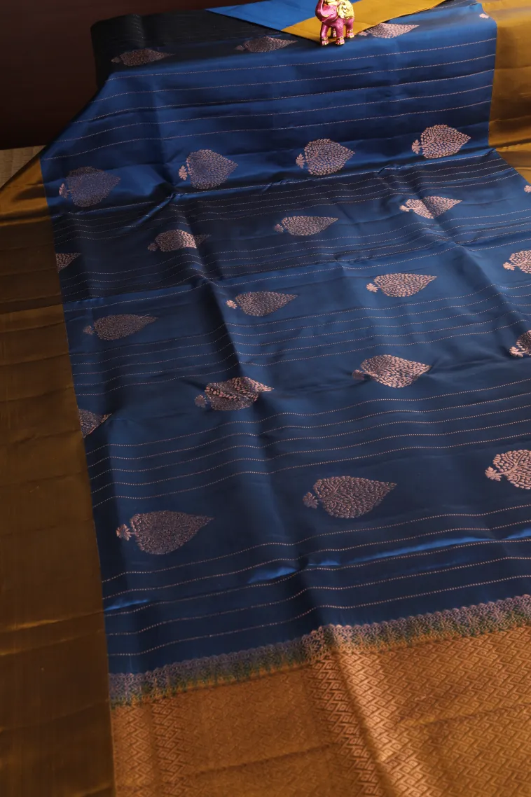 Admiral Blue Soft Silk Saree with Copper Zari Straipes And Puttas view 2