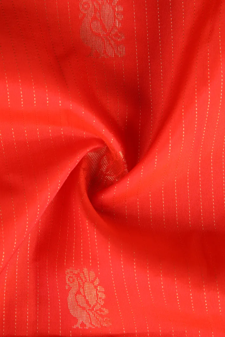 Carrot Orange Soft Silk Saree with Copper Zari Peacock Motifs view 4