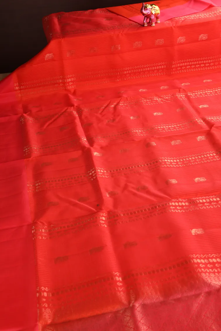 Carrot Orange Soft Silk Saree with Copper Zari Peacock Motifs view 2