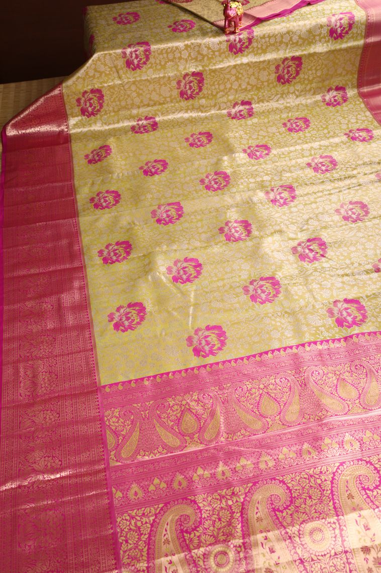 Macaroon Yellow Apoorva Silk Sarees Silver Zari with Floral Patterns view 2