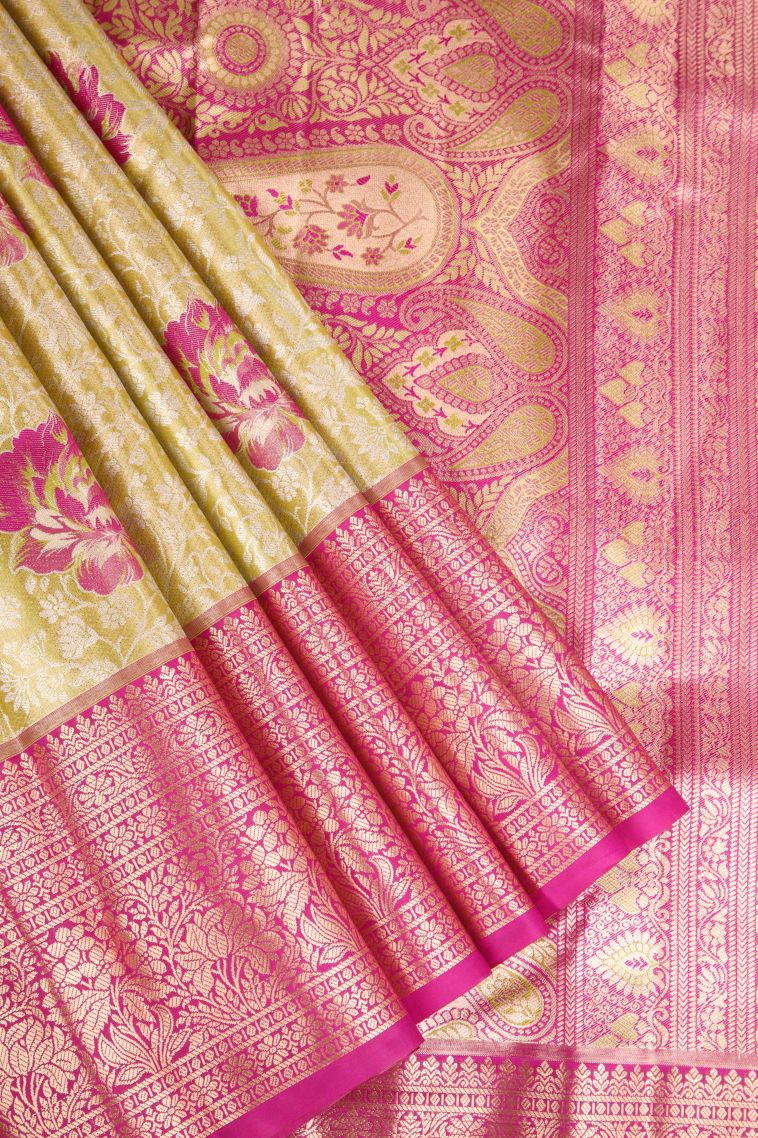 Macaroon Yellow Apoorva Silk Sarees Silver Zari with Floral Patterns