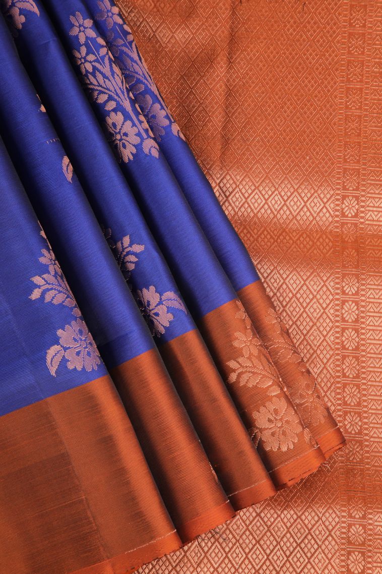 Cobalt Blue Soft Silk Saree Copper Zari with Floral Patterns view 1