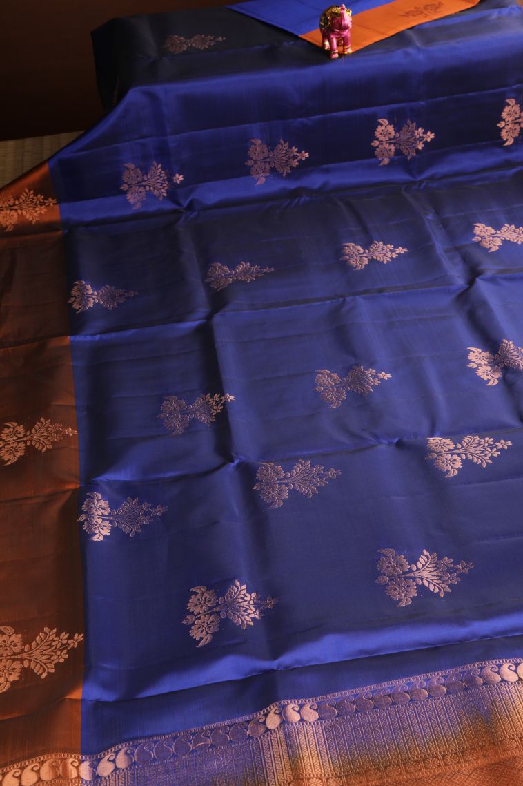 Cobalt Blue Soft Silk Saree Copper Zari with Floral Patterns view 2