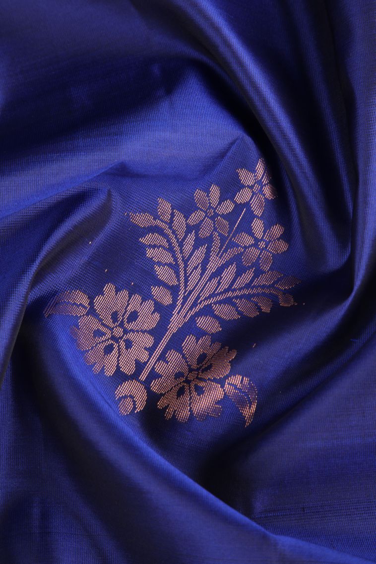 Cobalt Blue Soft Silk Saree Copper Zari with Floral Patterns view 4