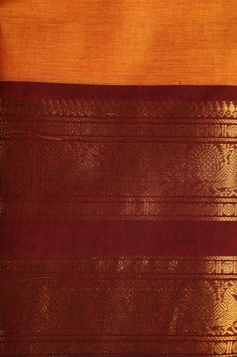 Fire Orange Chettinad Cotton Sarees with Gold Zari Plain view 3