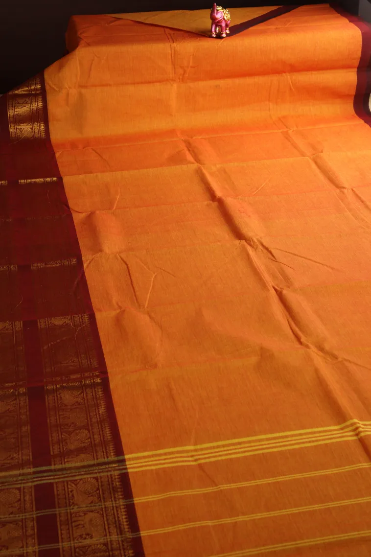 Fire Orange Chettinad Cotton Sarees with Gold Zari Plain view 2