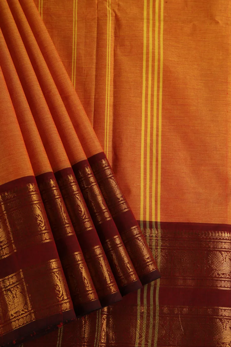 Fire Orange Chettinad Cotton Sarees with Gold Zari Plain