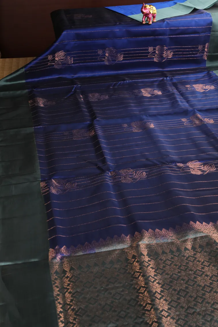Azure Blue Soft Silk Saree with Copper Zari Straipes And Puttas view 2