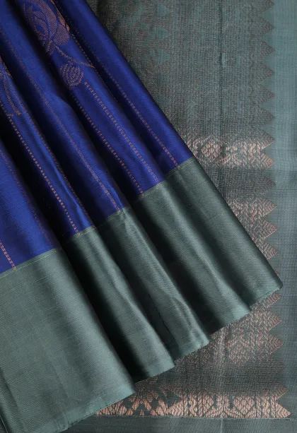 Azure Blue Soft Silk Saree with Copper Zari Straipes And Puttas
