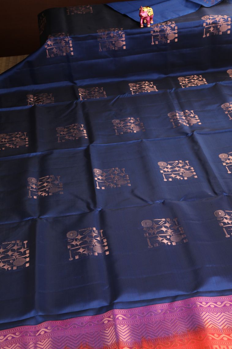 Berry Blue Soft Silk Saree Copper Zari with Geometric Shapes view 2