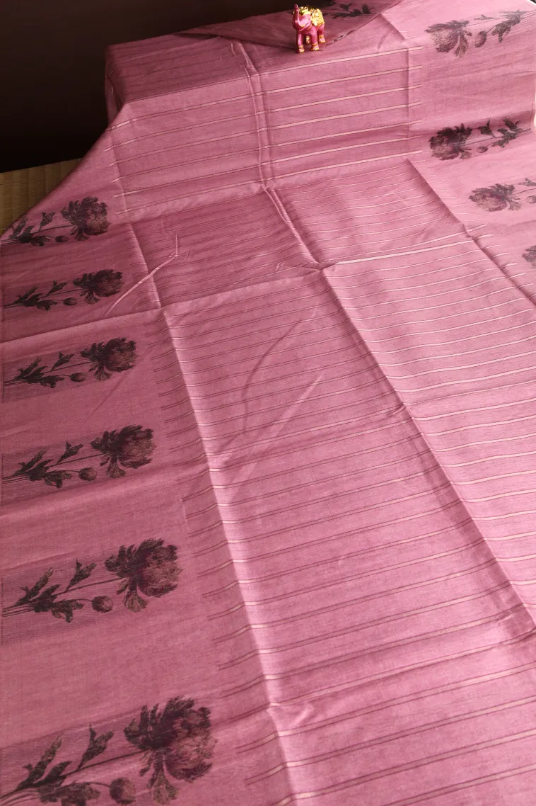 Rouge Pink Tussar Saree Without Zari With Stripes view 2