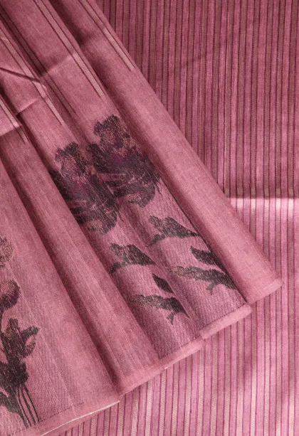 Rouge Pink Tussar Saree Without Zari With Stripes
