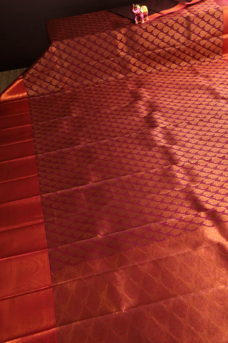 Berry Red Visiri Madippu Silk Sarees with Copper Zari Floral Patterns view 2
