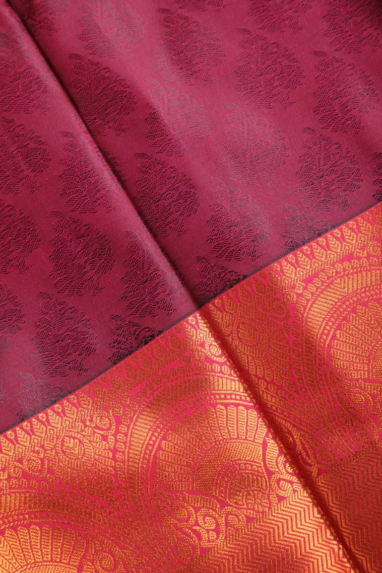 Berry Red Visiri Madippu Silk Sarees with Copper Zari Floral Patterns view 3