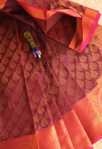 Berry Red Visiri Madippu Silk Sarees with Copper Zari Floral Patterns