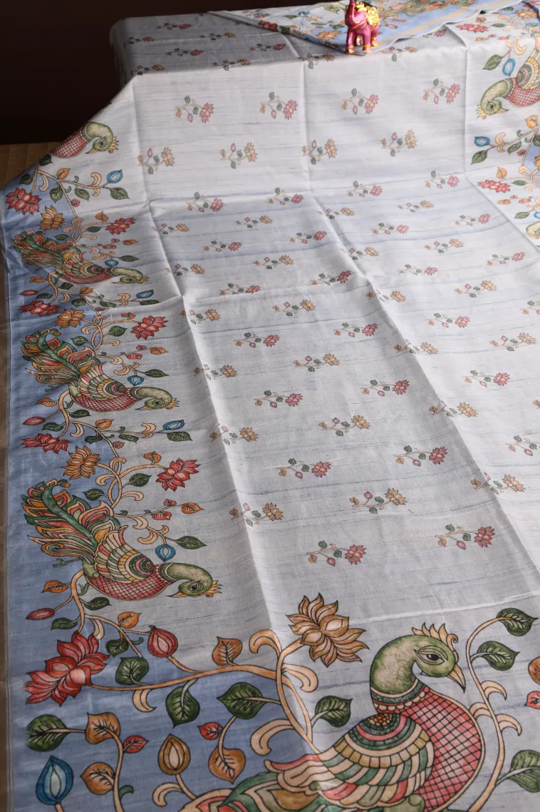 Stone Blue Jute Sarees Without Zari With Floral Patterns view 2