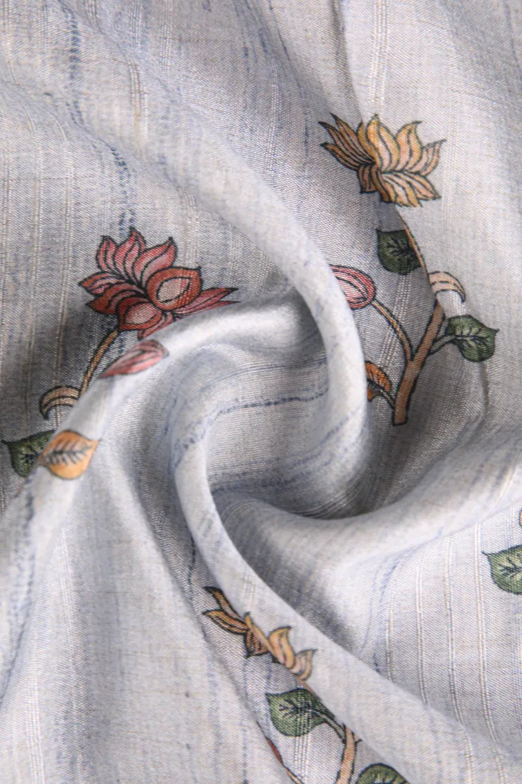 Stone Blue Jute Sarees Without Zari With Floral Patterns view 4