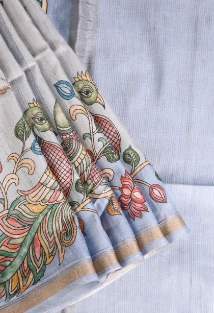 Stone Blue Jute Sarees Without Zari With Floral Patterns