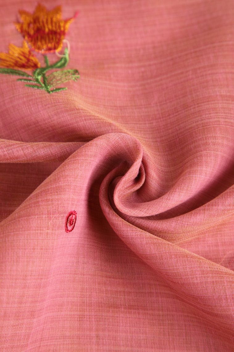Peach Pink Chanderi Cotton Sarees Gold Zari with Floral Puttas Embroidary view 4