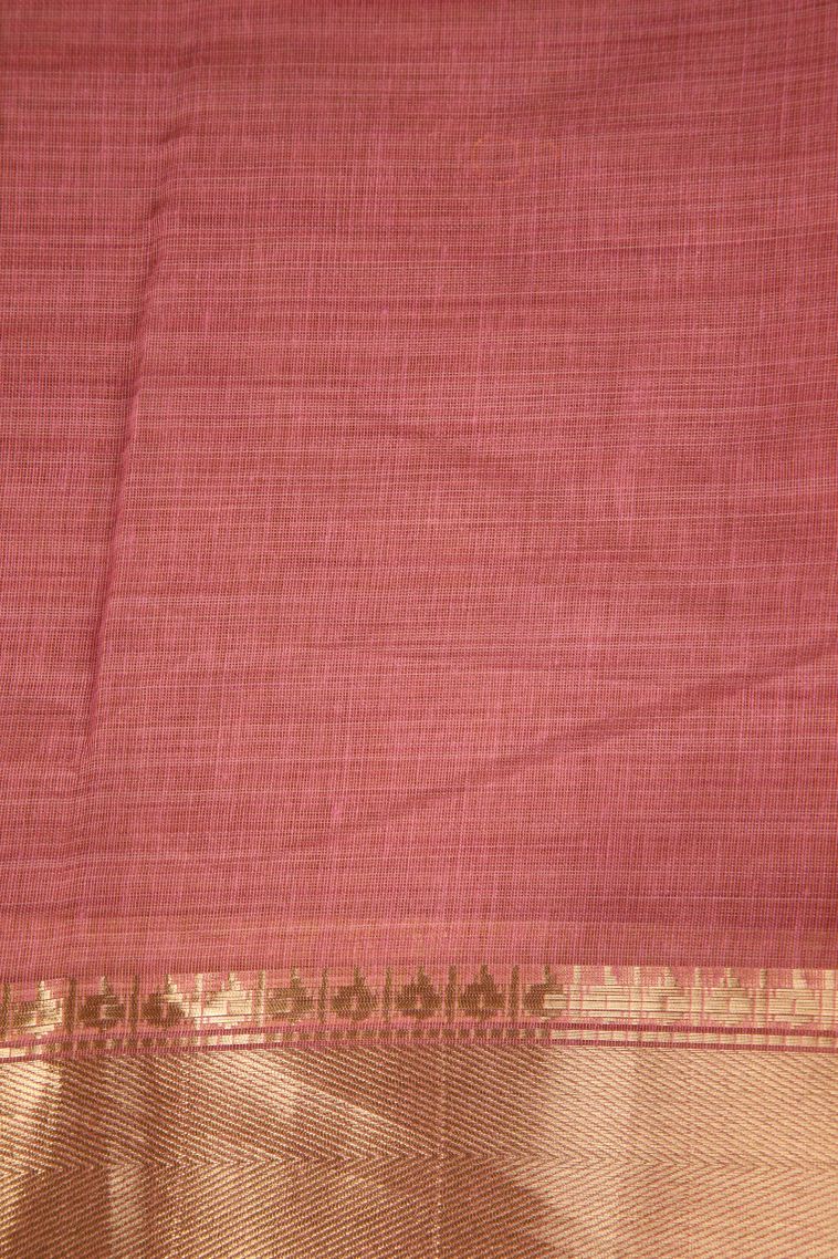Peach Pink Chanderi Cotton Sarees Gold Zari with Floral Puttas Embroidary view 3