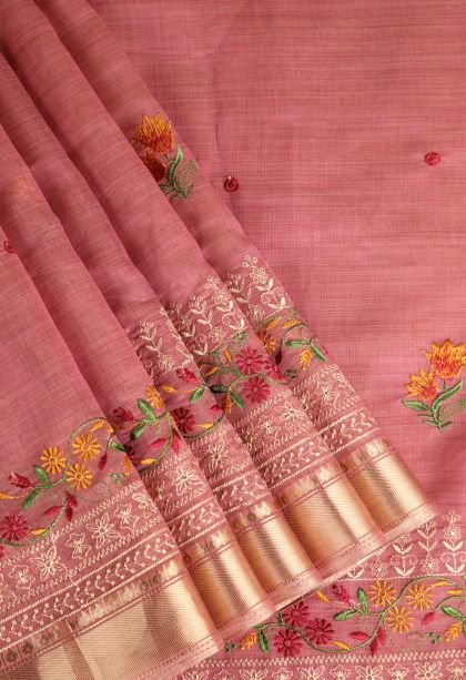 Peach Pink Chanderi Cotton Sarees Gold Zari with Floral Puttas Embroidary