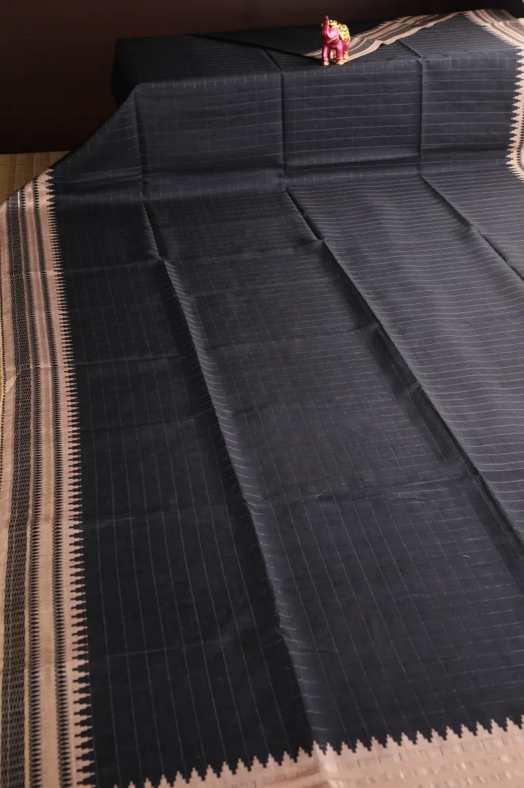 Asphalt Black Raw Silk Sarees Without Zari With Checks view 2