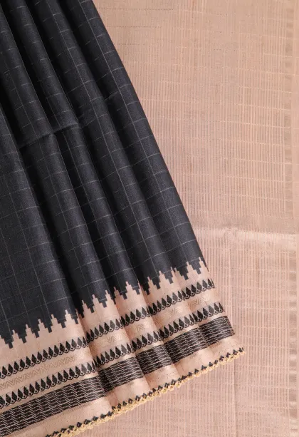 Asphalt Black Raw Silk Sarees Without Zari With Checks