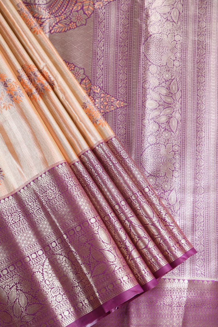 Carrot Orange Apoorva Silk Sarees with Copper Zari Floral Patterns